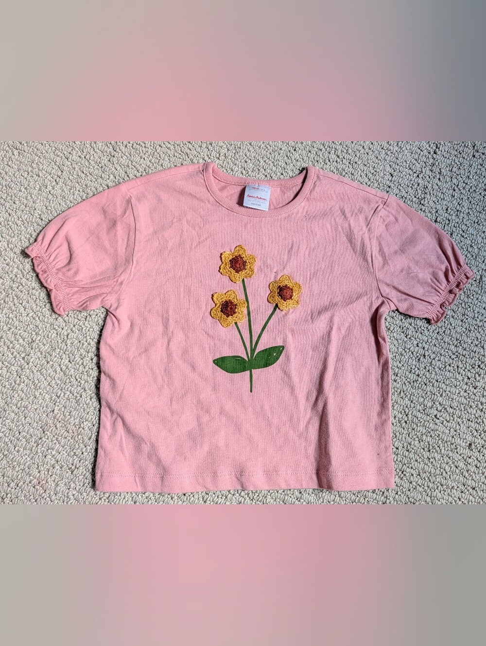 Hanna Andersson Pink Tee with Yellow Crochet Flower Appliqués